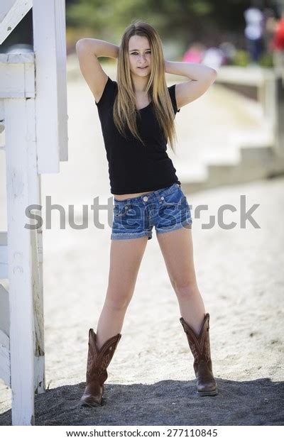 Young American Girl Denim Shorts Cowboy Stock Photo 277110845