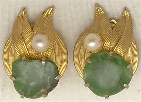 Vintage 1950s 1960s Kramer Gold Tone And Jade Clip Earrings By