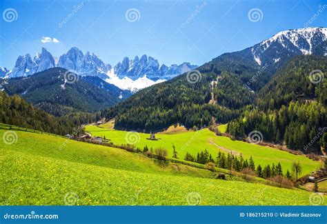 Sunny Spring Landscape Of Dolomite Alps Italy Green Meadows With