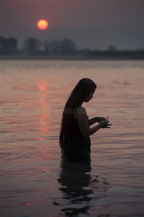 Myanmar Morning Bath Inside Irrawaddy River Editorial Photography