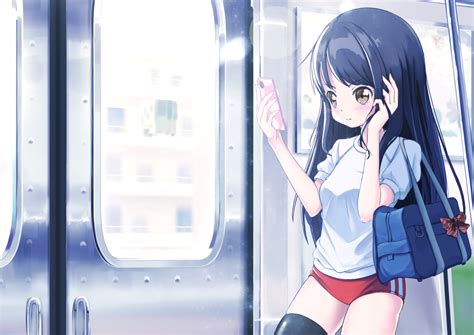 Safebooru 1girl Adjusting Hair Bag Black Hair Black Legwear Brown Eyes Buruma Cellphone Gym