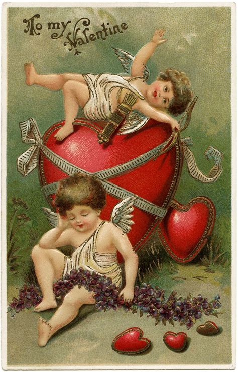 Cherubs And Valentine Hearts ~ Free Vintage Image Valentine Postcards Vintage Valentine Cards