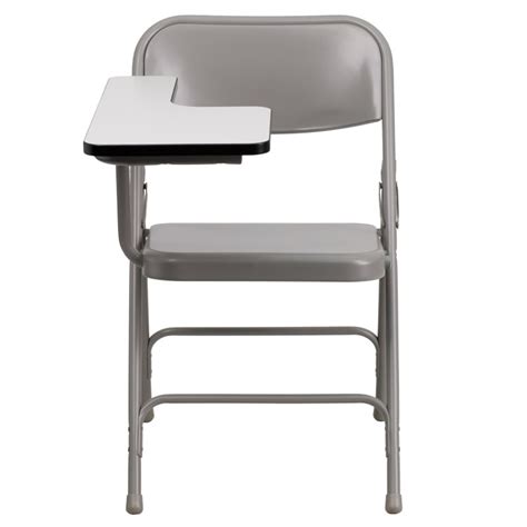 Chairs with desk arms, otherwise known as folding arm chairs, incorporate a swivel tablet surface that can be tucked away next to the seat when not in use.</p> <p>this comfortable seating is ideal for libraries, reception areas, and hotel lobbies as they offer convenient flexibility. MFO Premium Steel Folding Chair with Right Handed Tablet Arm