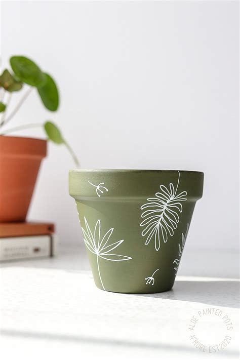 Lush green botanical pot hand painted terracotta pot with drainage hole