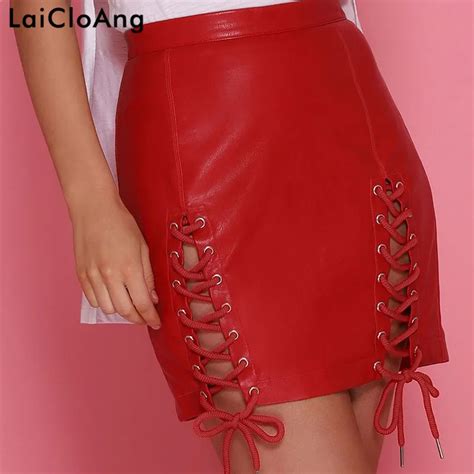 laicloang lace up open slit pu leather sexy skirts womens fashion high waist pencil mini women