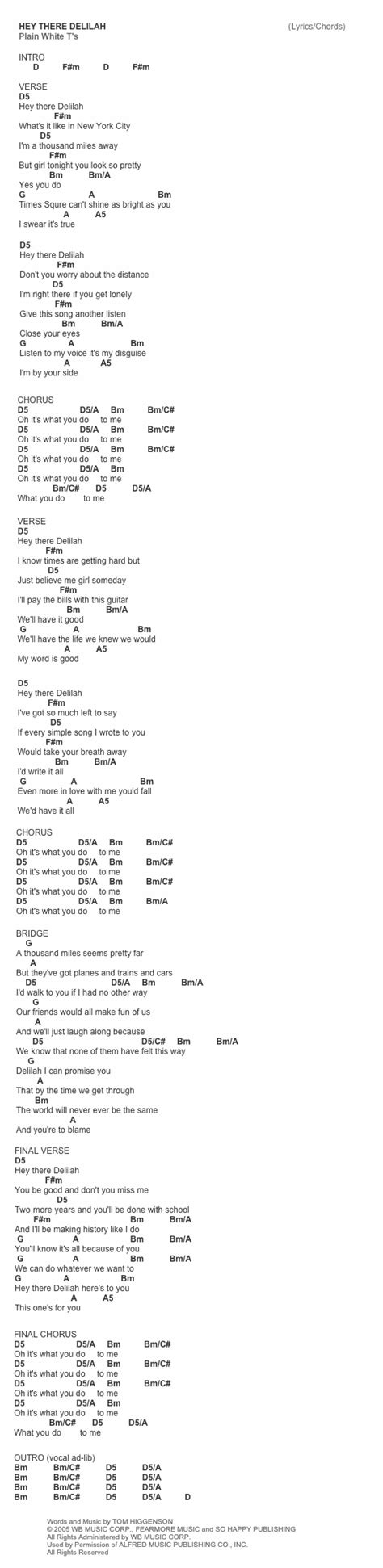 Hey there, delilah, i know times are getting hard. Hey There Delilah by Plain White T's example 8 cheat sheet ...