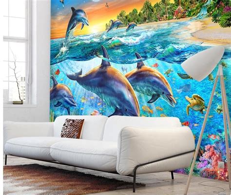 Custom Mural Photo 3d Wall Paper Blue Ocean Swim Dolphins