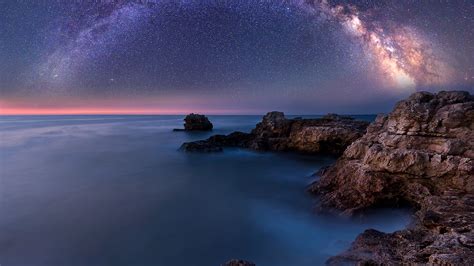 Wallpaper Horizon Rocks Water Sea Stars Night Long Exposure