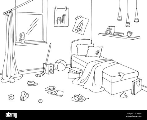 Mess Children Room Graphic Black White Interior Sketch Illustration