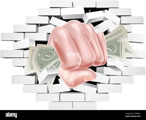 Money Fist Hand Holding Cash Punching Through Wall Stock Vector Image