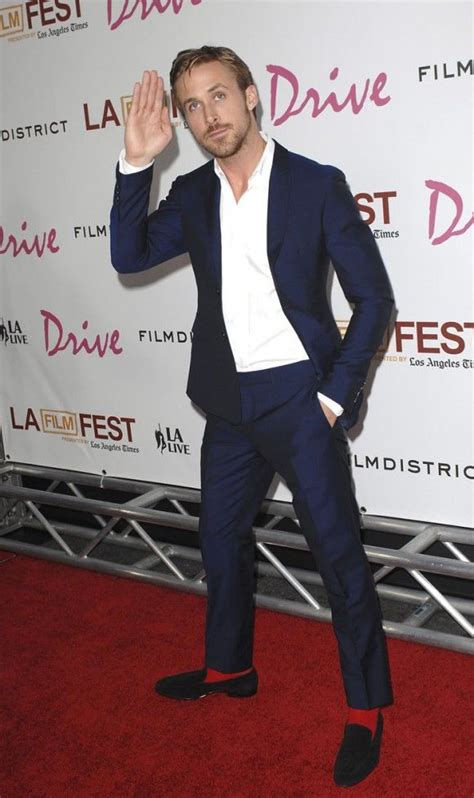 Ryan Gosling In Navy Suit And Red Socks Ryan Gosling Style Mens