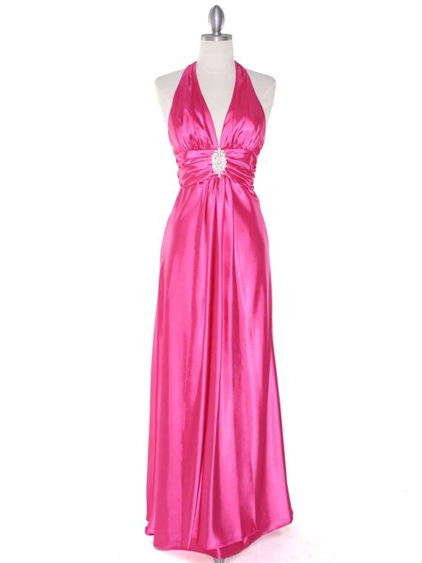 hot pink satin halter prom dress style