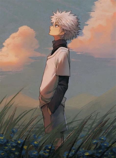 An Anime Character Standing In The Grass With His Back To The Camera