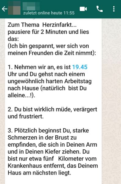 Nachrichten wie die nachfolgende stammen nicht von whatsapp und es handelt sich um einen kettenbrief: WhatsApp-Kettenbrief zum Thema Herzinfarkt Der Faktencheck