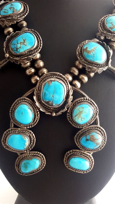 Gr Old Pawn Navajo Silver Bisbeeturquoise Squash Blossom Necklace