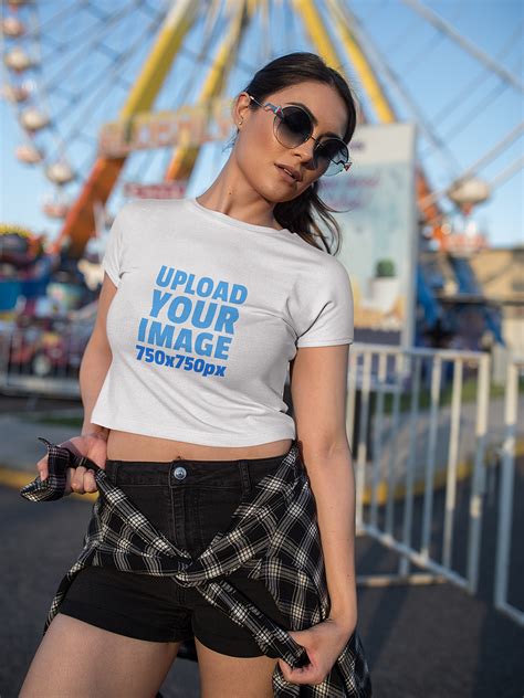 woman wearing  crop top  shirt mockup   amusement park  mockup