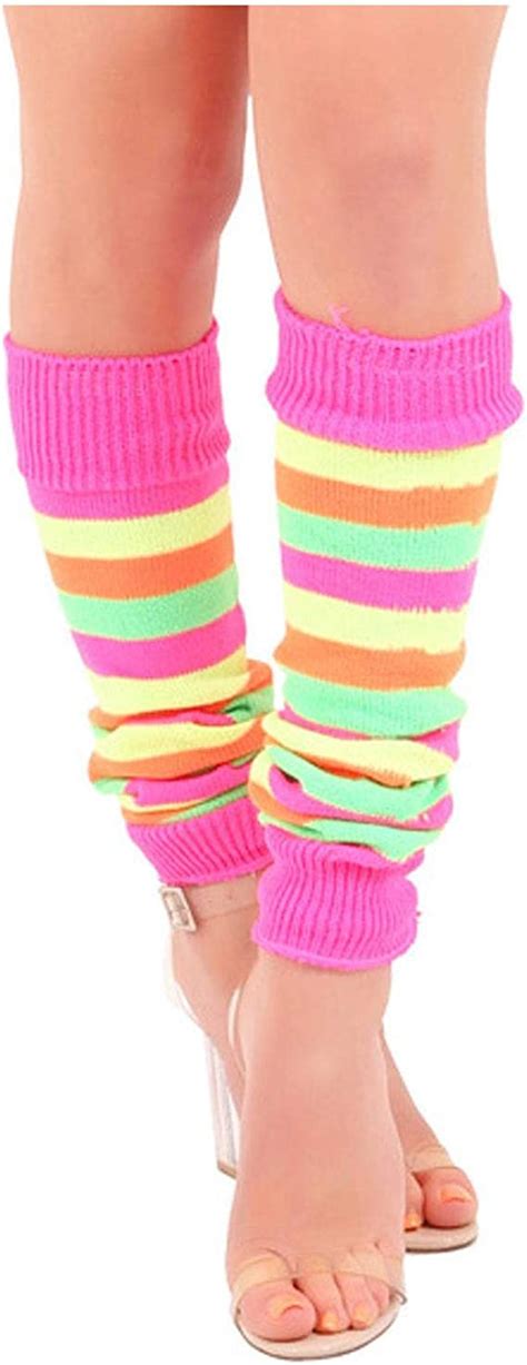 New Womens Rainbow Florescent Stripe Leg Warmer 80s Teen Fancy Dress