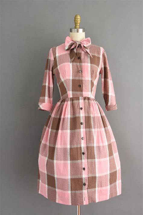Vintage 50s Dress Pink Brown Cotton Plaid Print 34 Sleeve Etsy