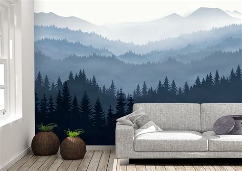 Misty Pine Forest Wall Mural Removable Wallpaper Foggy Pine Etsy