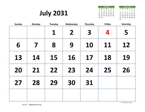 July 2031 Calendar With Extra Large Dates