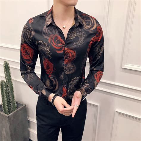 2018 Rose Print Floral Shirt Men Camisa Masculina Slim Fit Hawaiian