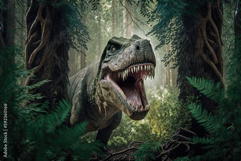 Tyrannosaurus Rex Crouching Among Trees With Its Teeth Bared Created