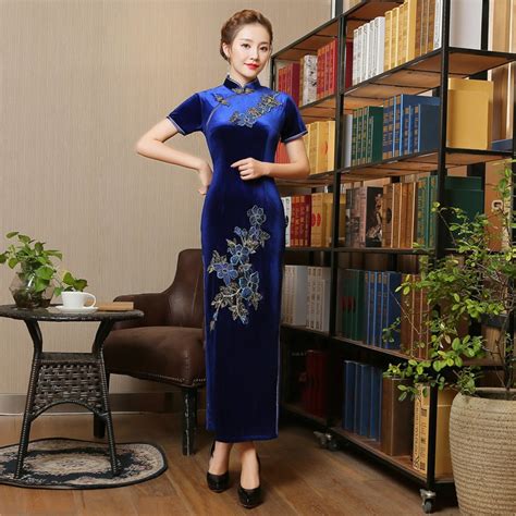 best price 2017 red qi pao blue velour qipao long cheongsam evening chinese traditional dress