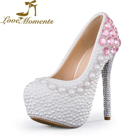 Love Moments White Pearl Pink Crystal Wedding Shoes Customize Lady