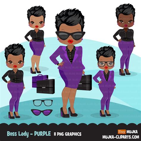 Afro Woman Clipart With Purple Business Suit Briefcase And Glasses Bl