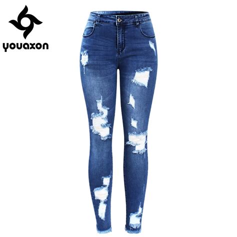 Buy 2127 Youaxon New Ultra Stretchy Blue Tassel Ripped Jeans Woman Denim Pants