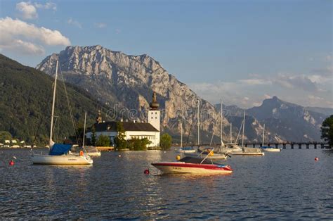 Church On Island On The Lake Traunsee In The Austrian Alps Stock Image