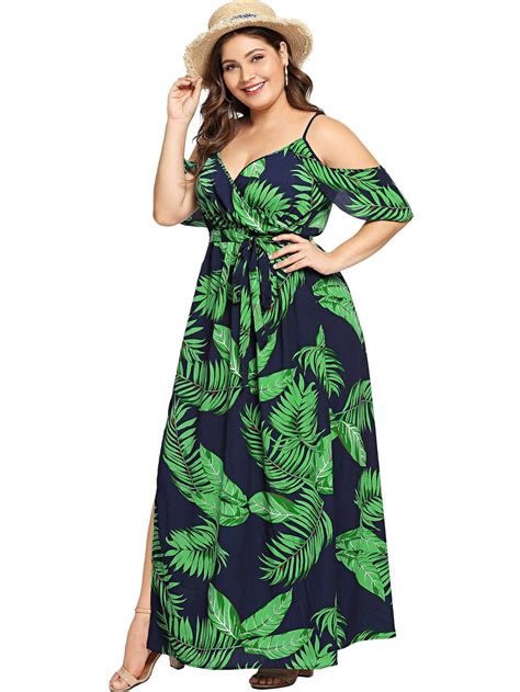 Milumia Womens Plus Size Cold Shoulder Floral Slit Hem Tropical Summer Maxi Dress Beachwear