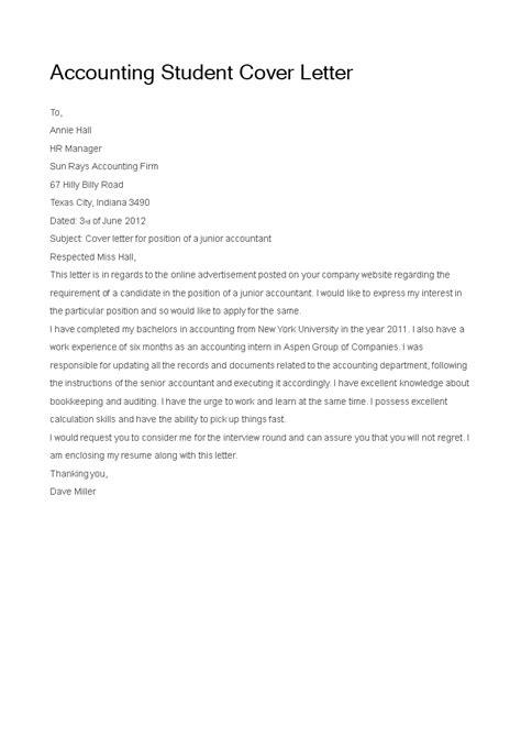 / 12+ accounting cover letters. Accounting Student Cover Letter | Templates at ...