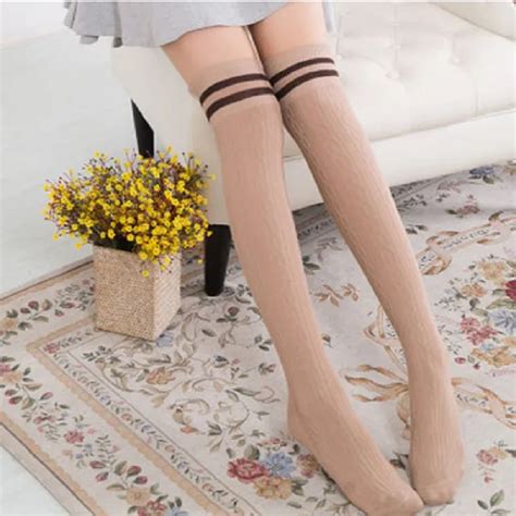 Women Knit Cotton Over The Knee Long Striped Thigh High Stocking Fabric