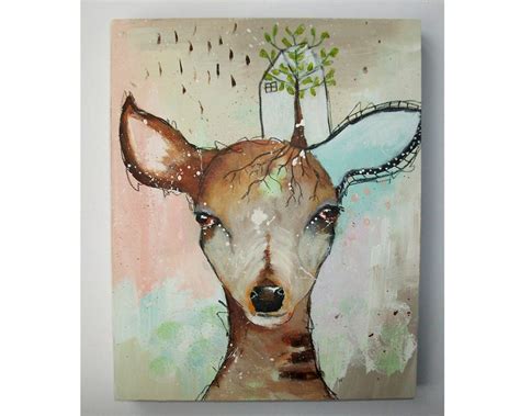 Original Deer Painting Whimsical Boho Mixed Media Abstract Art