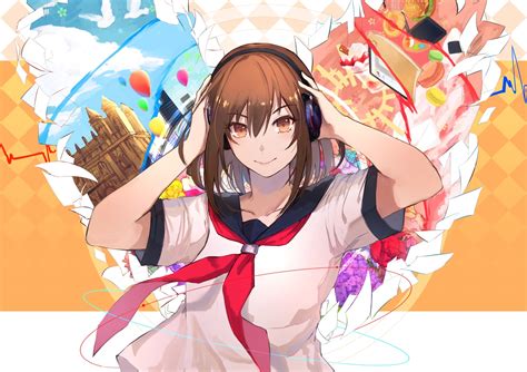 Brown Eyes Brown Hair Eisuto Headphones Original School Uniform Short