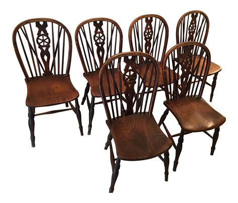 Windsor Oak Dining Room Kitchen Chairs Wagon Wheel Brace Backs - Set 6 ...