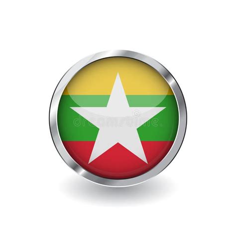 Flag Of Myanmar Button With Metal Frame And Shadow Myanmar Flag