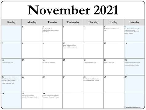 November 2021 With Holidays Calendar