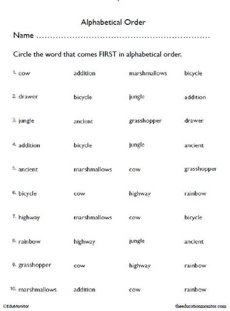 Free Printable Abc Order For Second Graders Alphabetical Order