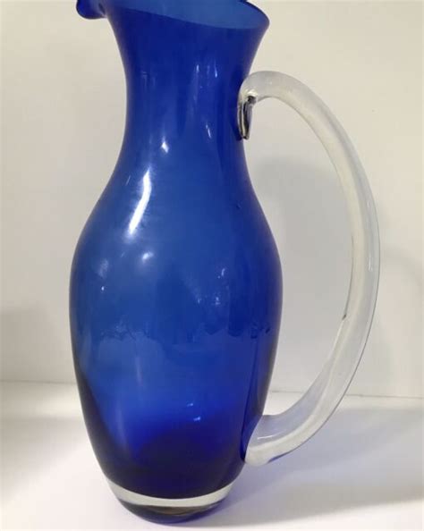 Vintage Hand Blown Cobalt Blue Glass Pitcher With Clear Vase And Handle