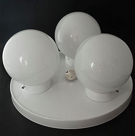 Mid Century Modern 3 Globe Ceiling Light Fixture White Enamel Milk