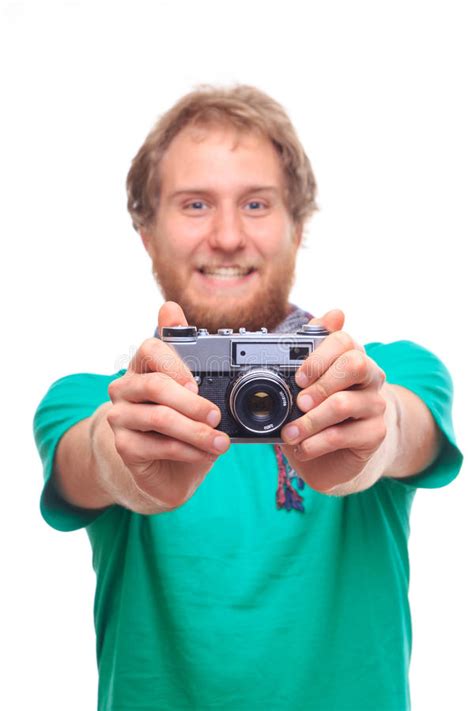 Portrait Of Cheerful Photographer With Camera Stock Photo Image Of