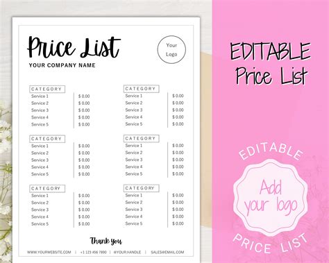 Editable Price List Template Printable Price Sheet Price Etsy