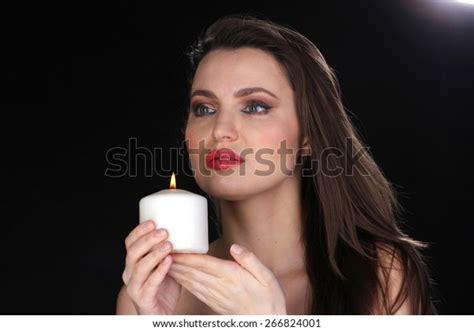 Portrait Woman Candle Black Background Studio Stock Photo