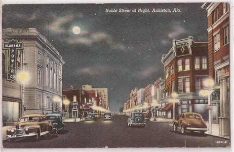 Anniston Alabama Linen Postcard Noble Street At Night Downtown 1945