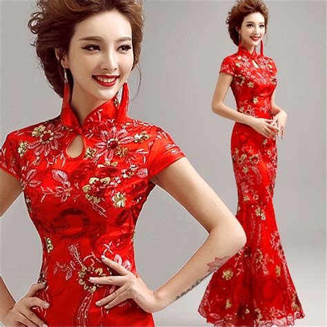 Chinese Traditional Dress Womens Satin Red Long Cheongsam Dress Qipao