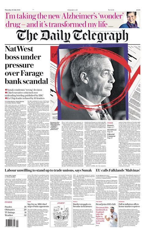 Daily Telegraph Front Page 20th Of July 2023 Tomorrow S Papers Today