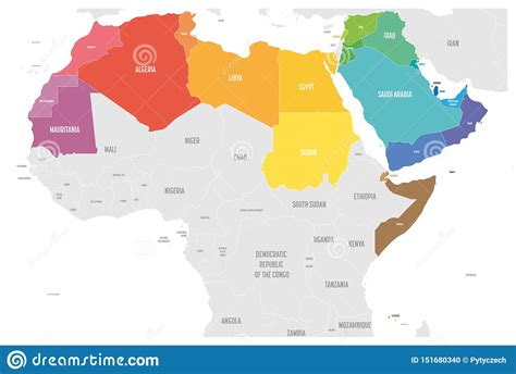 Arab World States Political Map With Colorfully Higlighted 22 Arabic