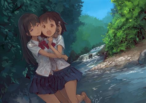 2girls barefoot black hair bow brown eyes hug jpeg artifacts long hair original purple eyes